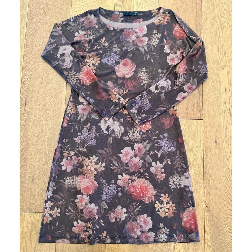 Muted Floral Knit Mini Dress Warm Tone Long Sleeve Scoop Neck Vintage XS - Picture 4 of 13